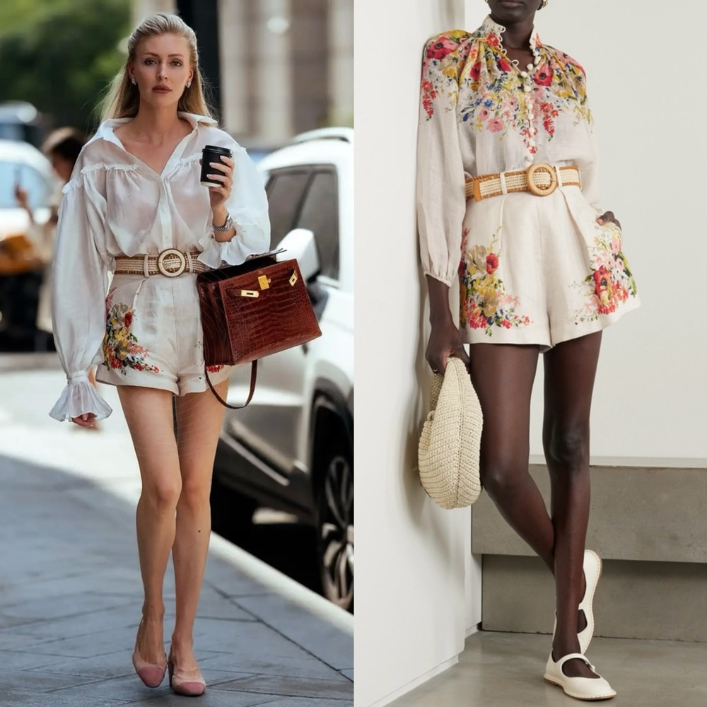 NWT AU2 ZIMMERMANN Belted floral-print linen shorts